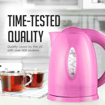 OVENTE Electric Kettle, Hot Water, Heater 1.7 Liter - BPA Free Fast Boiling Cordless Water Warmer - Auto Shut Off Instant Water Boiler for Coffee & Tea Pot - Pink KP72P