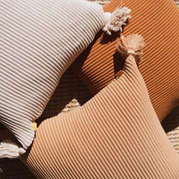 Lumi Living 100% Soft Cotton Raised Stripes Textured Rib Knit Throw Pillow Cover with Tassels (18x18, Neutral)