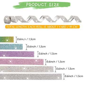 6 Rolls Self Adhesive Rhinestone Ribbon Crystal Rhinestone Ribbon 6 Yards Crystal Decoration Sticker Bling Rhinestone Ribbon DIY Decoration Gem Sticker for DIY Arts Crafts (Chic Color,0.59 Inch)