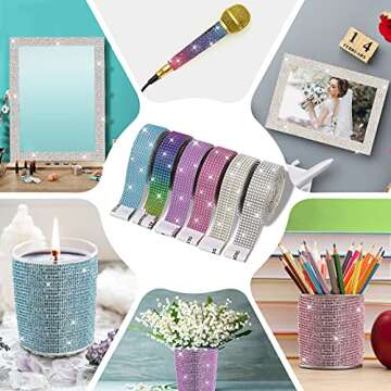 6 Rolls Self Adhesive Rhinestone Ribbon Crystal Rhinestone Ribbon 6 Yards Crystal Decoration Sticker Bling Rhinestone Ribbon DIY Decoration Gem Sticker for DIY Arts Crafts (Chic Color,0.59 Inch)