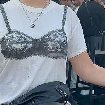 y2k Loose White T-Shirt Chic Lace See-Through Corset Print Short Sleeve Crewneck Women's Crop Top Casual Streetwear Tees (as1, Alpha, l, Regular, Regular, White01)