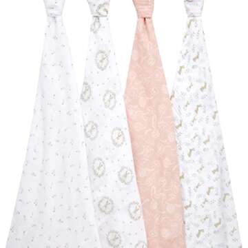 aden + anais Essentials Muslin Swaddle Blankets for Baby Girls and Boys, Newborn Receiving Blanket for Swaddling, 100% Cotton Baby Swaddle Wrap, 4 Pack, Blushing Bunnies