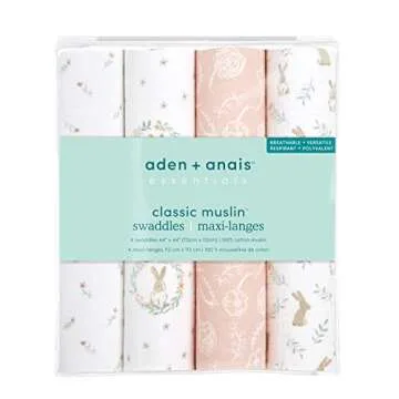 aden + anais Essentials Muslin Swaddle Blankets for Baby Girls and Boys, Newborn Receiving Blanket for Swaddling, 100% Cotton Baby Swaddle Wrap, 4 Pack, Blushing Bunnies