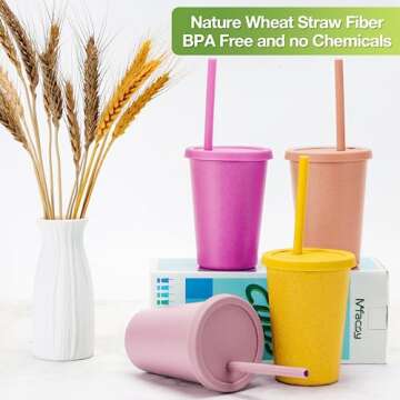 Mfacoy 4 Pack Wheat Straw Cups with Lid and Straws, 10 oz Unbreakable Kids Cups, Reusable Drinking C...