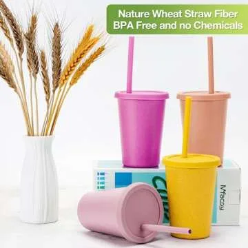 Mfacoy 4 Pack Wheat Straw Cups with Lid and Straws, 10 oz Unbreakable Kids Cups, Reusable Drinking C...