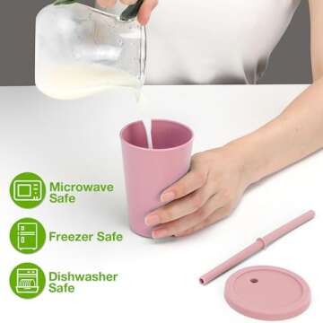 Mfacoy 4 Pack Wheat Straw Cups with Lid and Straws, 10 oz Unbreakable Kids Cups, Reusable Drinking Cups, Small Water Cups, Colourful Tumbler Cups for Kitchen, BPA Free, Dishwasher Safe - 4 Colours