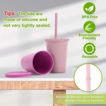 Mfacoy 4 Pack Wheat Straw Cups with Lid and Straws, 10 oz Unbreakable Kids Cups, Reusable Drinking Cups, Small Water Cups, Colourful Tumbler Cups for Kitchen, BPA Free, Dishwasher Safe - 4 Colours