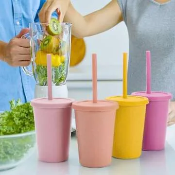 Mfacoy 4 Pack Wheat Straw Cups with Lid and Straws, 10 oz Unbreakable Kids Cups, Reusable Drinking Cups, Small Water Cups, Colourful Tumbler Cups for Kitchen, BPA Free, Dishwasher Safe - 4 Colours