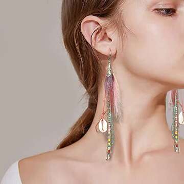 Bohemian Feather Dangle Earrings for Women with Shell Beads Long Tassel Design Drop Earrings