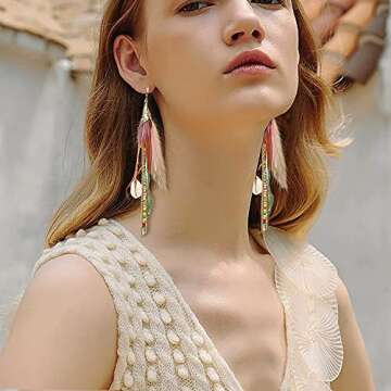 Bohemian Feather Dangle Earrings for Women with Shell Beads Long Tassel Design Drop Earrings