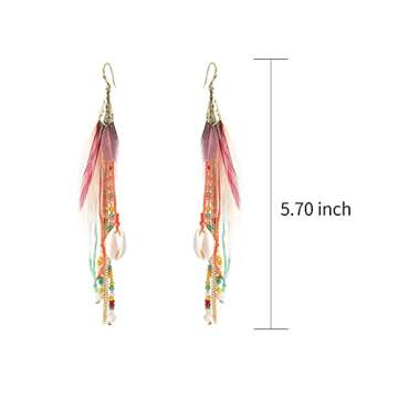 Bohemian Feather Dangle Earrings for Women with Shell Beads Long Tassel Design Drop Earrings