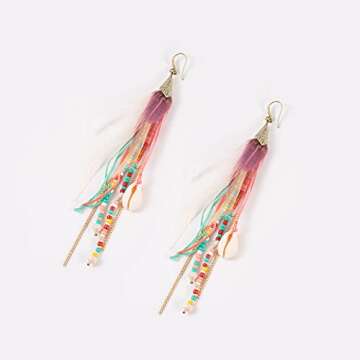 Bohemian Feather Dangle Earrings for Women with Shell Beads Long Tassel Design Drop Earrings
