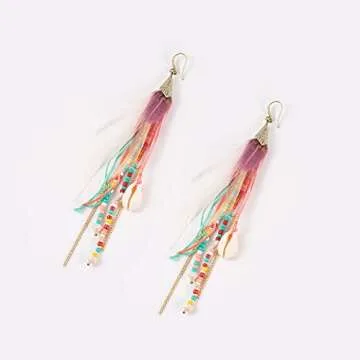 Bohemian Feather Dangle Earrings for Women with Shell Beads Long Tassel Design Drop Earrings