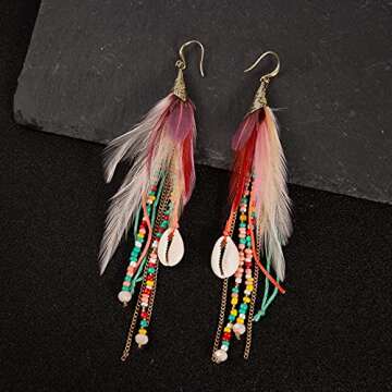 Bohemian Feather Dangle Earrings for Women with Shell Beads Long Tassel Design Drop Earrings