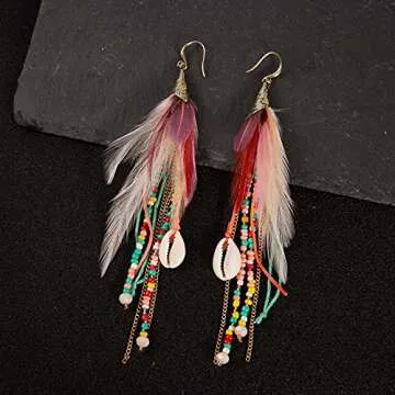 Bohemian Feather Dangle Earrings for Women with Shell Beads Long Tassel Design Drop Earrings