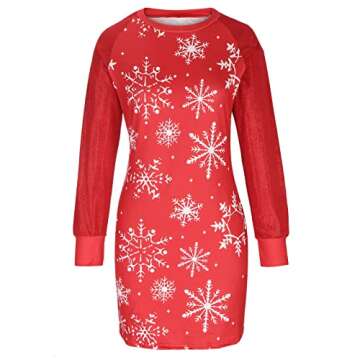 Womens Sequin Long Sleeve T Shirt Dress Christmas Snowflake Print Long Sweatshirt Casual Crewneck Pullover Short Dress Red