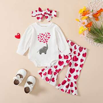 ADXSUN Baby Girl Valentine's Day Outfits Heart Print Romper+Flared Pants+Headband Infant Clothes 0-1...