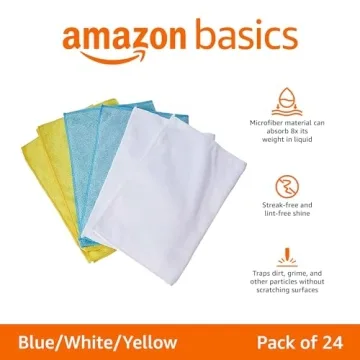 Amazon Basics Microfiber Cleaning Cloths, Lint Free, Absorbent, Streak Free, Non-Abrasive, Reusable and Washable, Pack of 24, Blue/White/Yellow, 16" x 12"