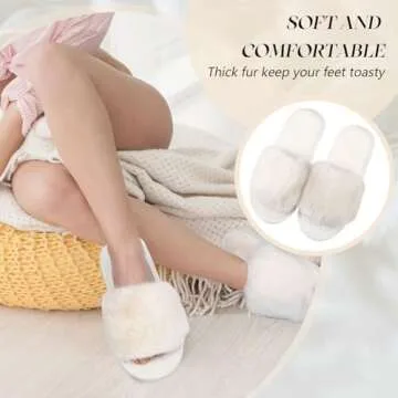 Toulite 6 Pairs Wedding Bridesmaid Slippers Women Fluffy Open Toe Slippers Fuzzy Plush House Slippers for Bridal Party (Elegant Style)