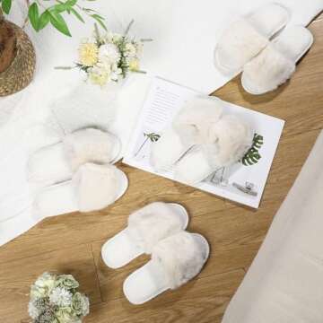Toulite 6 Pairs Wedding Bridesmaid Slippers Women Fluffy Open Toe Slippers Fuzzy Plush House Slippers for Bridal Party (Elegant Style)