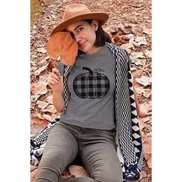 LUKYCILD Halloween Pumpkin Shirt Women Plaid Leopard Graphic Fall Tshirts Short Sleeve Thanksgiving Tops Gray