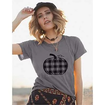 LUKYCILD Halloween Pumpkin Shirt Women Plaid Leopard Graphic Fall Tshirts Short Sleeve Thanksgiving Tops Gray