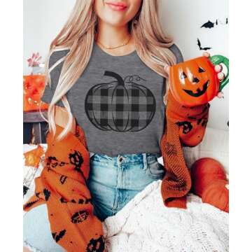 LUKYCILD Halloween Pumpkin Shirt Women Plaid Leopard Graphic Fall Tshirts Short Sleeve Thanksgiving Tops Gray