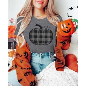 LUKYCILD Halloween Pumpkin Shirt Women Plaid Leopard Graphic Fall Tshirts Short Sleeve Thanksgiving Tops Gray
