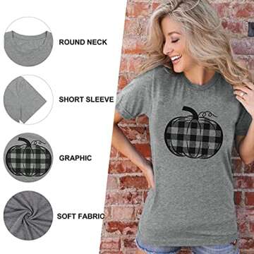 LUKYCILD Halloween Pumpkin Shirt Women Plaid Leopard Graphic Fall Tshirts Short Sleeve Thanksgiving Tops Gray