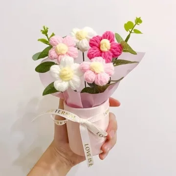 suyakota Crochet Flower Bouquet: Handmade Knitted Bouquet for Mother's Day Birthday Home Decor Girlfriend Wedding Grandma Bday Gift(Pink)