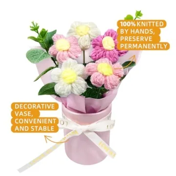 suyakota Crochet Flower Bouquet: Handmade Knitted Bouquet for Mother's Day Birthday Home Decor Girlfriend Wedding Grandma Bday Gift(Pink)