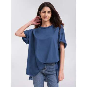 EXLURA Womens Summer Oversized T Shirts 2024 Casual Short Sleeve Loose Maternity Tops Crewneck Tunic Plus Gym Workout Top Navy Blue