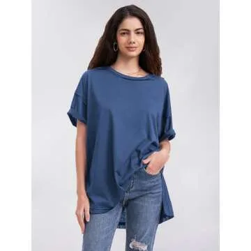 EXLURA Womens Summer Oversized T Shirts 2024 Casual Short Sleeve Loose Maternity Tops Crewneck Tunic Plus Gym Workout Top Navy Blue