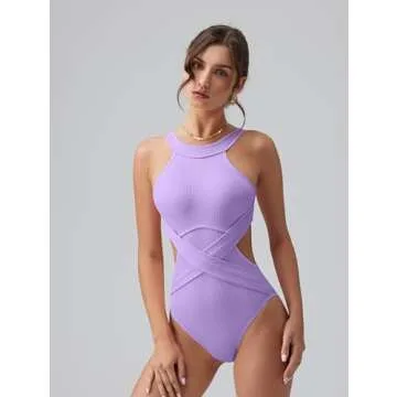 OQQ Women's Tummy Control One Piece Swimsuit - Lavender