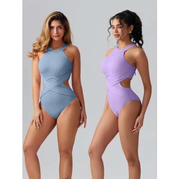 OQQ Women's Tummy Control One Piece Swimsuit - Lavender