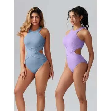 OQQ Women's Tummy Control One Piece Swimsuit - Lavender