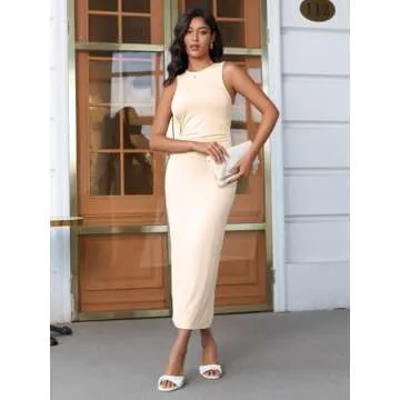 Verdusa Women's Crewneck Sleeveless High Waist Rib Knit Tank Long Bodycon Dress Beige X-Small