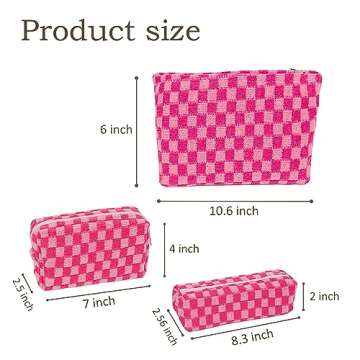 Jeeoy Large Capacity Makeup Bag Set Pink Checkered Makeup Bags 3 Pieces Canvas Travel Makeup Bag Org...
