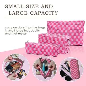 Jeeoy Large Capacity Makeup Bag Set Pink Checkered Makeup Bags 3 Pieces Canvas Travel Makeup Bag Organizer Travel Toiletry Bag Storage Bag for Women