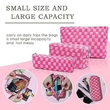 Jeeoy Large Capacity Makeup Bag Set Pink Checkered Makeup Bags 3 Pieces Canvas Travel Makeup Bag Organizer Travel Toiletry Bag Storage Bag for Women