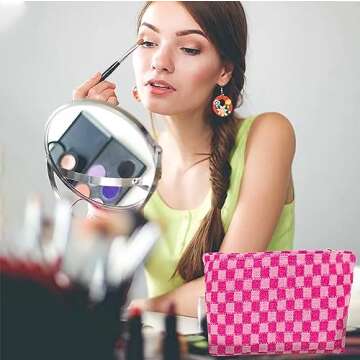 Jeeoy Large Capacity Makeup Bag Set Pink Checkered Makeup Bags 3 Pieces Canvas Travel Makeup Bag Organizer Travel Toiletry Bag Storage Bag for Women