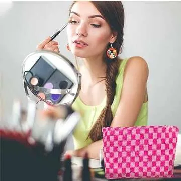 Jeeoy Large Capacity Makeup Bag Set Pink Checkered Makeup Bags 3 Pieces Canvas Travel Makeup Bag Organizer Travel Toiletry Bag Storage Bag for Women