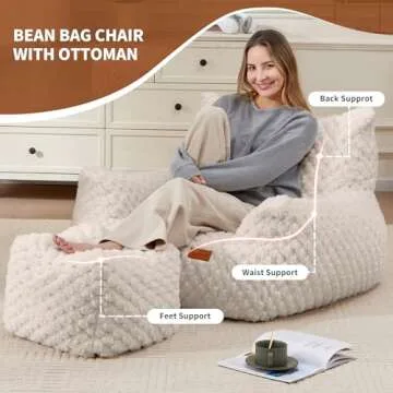 Bean Bag Chair with Ottoman, Modern Giant Bean Bag Couch Sofa with Footstool, Lounge Large Bean Bag Chairs for Adults Teens, Comfy Faux Fur Reading Chair for Bedroom, Living Room