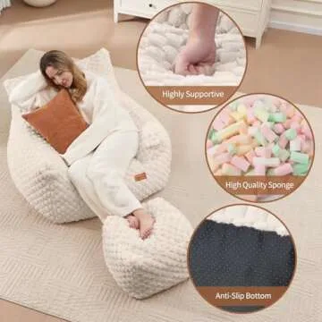 Bean Bag Chair with Ottoman, Modern Giant Bean Bag Couch Sofa with Footstool, Lounge Large Bean Bag Chairs for Adults Teens, Comfy Faux Fur Reading Chair for Bedroom, Living Room