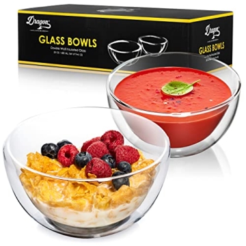 Dragon Glassware Clear Glass Bowl Set - 23 oz Durable Insulated Double Wall Glass Cereal Bowls Set o...