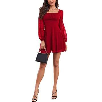 LYANER Women's Polka Dots Square Neck A line Long Sleeve Swiss Dots Mini Dress Red Large