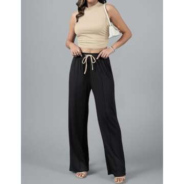 HAEOF Summer Two Piece Outfits for Women Casual Crop Top High Waist Palazzo Pants Ribbed Matching Tracksuit Sets(Apricot Black, M)