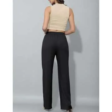 HAEOF Summer Two Piece Outfits for Women Casual Crop Top High Waist Palazzo Pants Ribbed Matching Tracksuit Sets(Apricot Black, M)