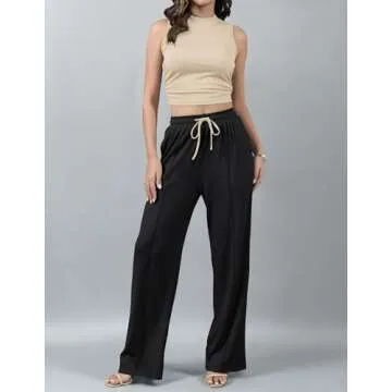 HAEOF Summer Two Piece Outfits for Women Casual Crop Top High Waist Palazzo Pants Ribbed Matching Tracksuit Sets(Apricot Black, M)