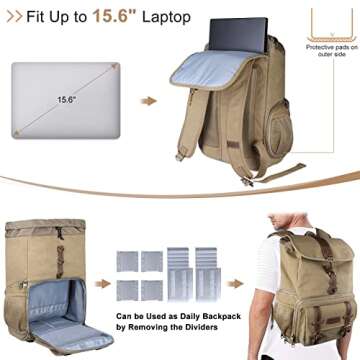 Endurax Canvas Camera Backpack Bag for Photographers，DSLR Photography Backpacks with 15 Inch Laptop Compartment, Khaki